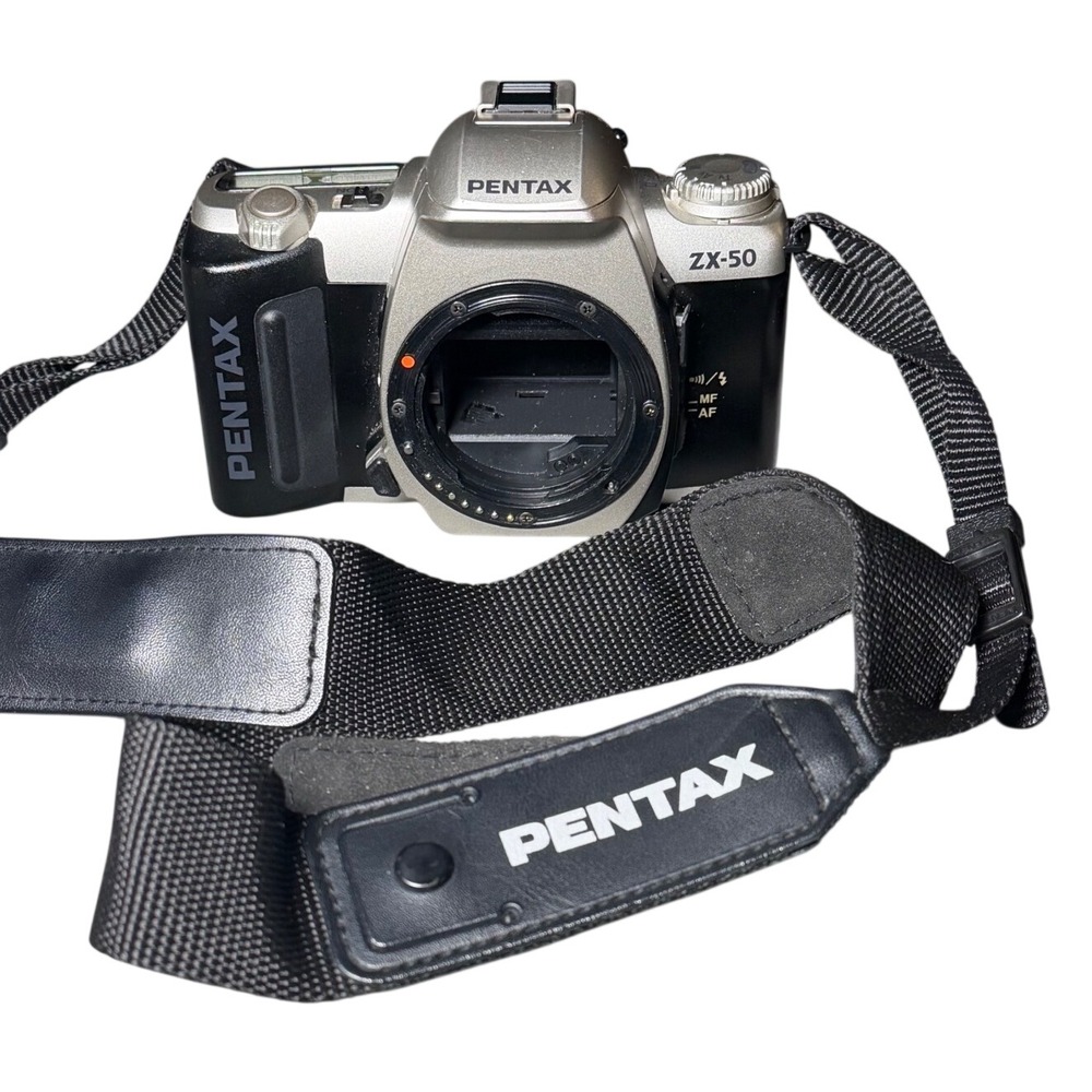 Pentax ZX-50 35mm SLR Film Camera Body Silver Black Strap & Quartz Date Back